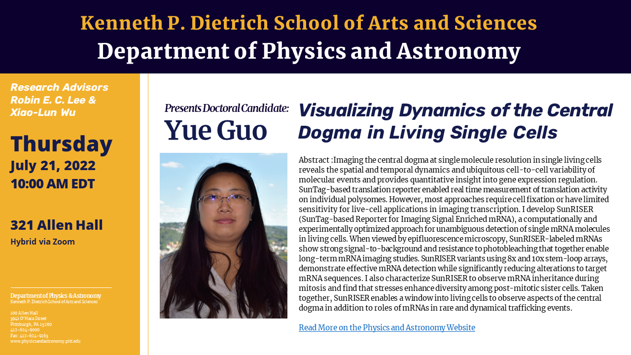 PhD Defense Yue Guo Physics Astronomy University of Pittsburgh